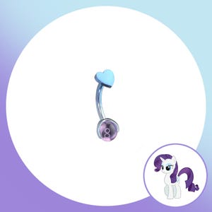 May include: A curved belly button ring with a light blue heart-shaped top and a clear, rounded bottom with a purple gem. The ring is made of silver-colored metal. A cartoon image of a white pony with a purple mane and tail is in the lower right corner.