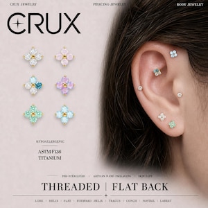 Titanopal fyrklöver med platt baksida i labret – 16G invändigt gängat broskörhänge – Helix, tragus, conch, näsa, smycken