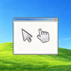 May include: A digital graphic featuring a white computer window frame with a blue title bar. Inside the window are two silver, metallic-textured computer cursor icons: a standard arrow pointer and a hand-shaped pointer on a green hill background.