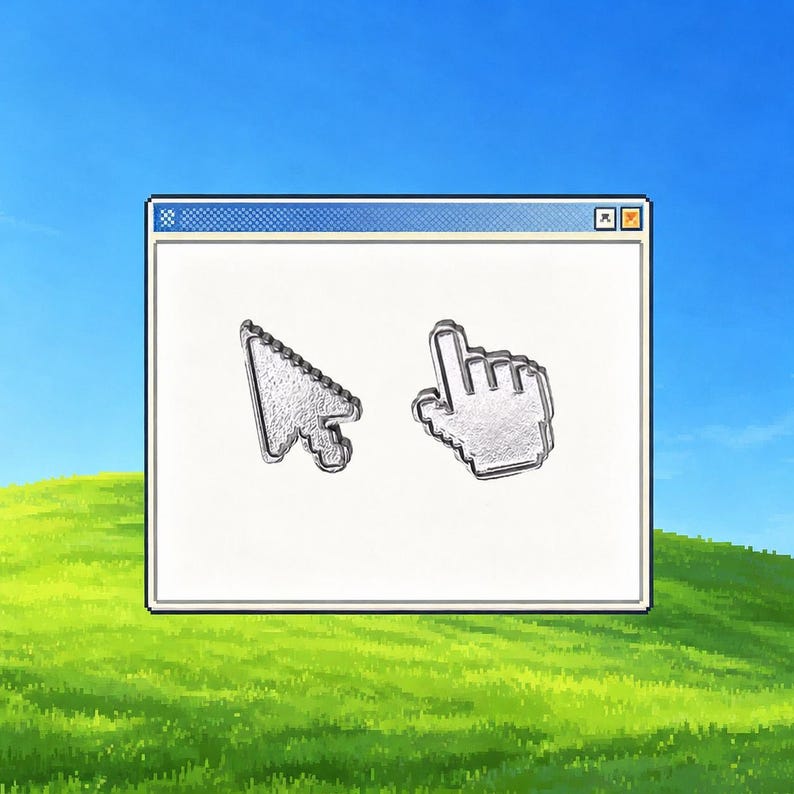 May include: A digital graphic featuring a white computer window frame with a blue title bar. Inside the window are two silver, metallic-textured computer cursor icons: a standard arrow pointer and a hand-shaped pointer on a green hill background.