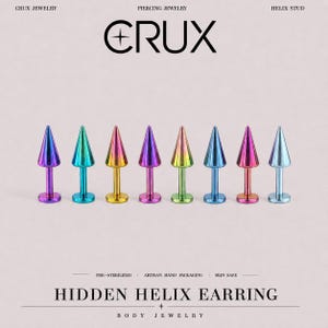 May include: Eight metal helix stud earrings with cone-shaped tops in various iridescent and solid colors. The text CRUX JEWELRY, PIERCING JEWELRY, HELIX STUD, PRE-STERILIZED, ARTISAN HAND PACKAGING, SKIN SAFE, HIDDEN HELIX EARRING, and BODY JEWELRY is visible.