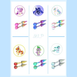 May include: Nine pairs of earrings with cartoon character designs. Each pair has a round stud and a cone-shaped end. The studs and cones have a rainbow metallic finish. The cartoon characters are in circles and include a purple pony, a blue pony, and a yellow pony.