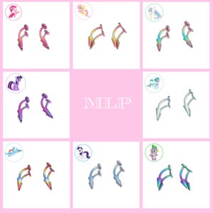 May include: A collection of colorful, stylized earrings in various shades of pink, yellow, blue, and purple. Each pair features a unique design with a curved, elongated shape and a small, circular accent. The image includes cartoon character illustrations and the letters "MLP".