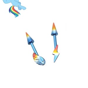 May include: Two blue body jewelry pieces with rainbow accents. One piece features a wing design, the other a lightning bolt. The jewelry has a gradient of colors from orange to blue. A cartoon pony is in the upper left corner.
