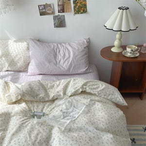 Lavender Gingham Bedding Set, Floral Cottagecore Duvet Cover, Korean Aesthetic Bed Set, Pastel Purple Bedding, Cute Girl Room Decor