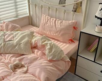Juego de ropa de cama a rayas rosa pastel, funda nórdica coreana, lazos de cinta, decoración minimalista para dormitorio.