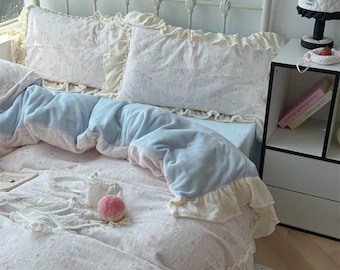 Ruffle Floral Bedding Set, Soft Girl Duvet Cover, Pastel Cottagecore Bedding, Pink Blue Bed Set, Princess Bedroom Decor