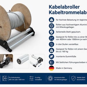Könnte beinhalten: Ein Kabelabroller mit schwarzem Stahlrahmen und zwei silbernen Aluminiumrollen mit Rillenkugellagern. Das Gerät trägt Kabeltrommeln bis zu 160 kg und ist für Breiten von 400 mm oder 1000 mm verstellbar, ausgestattet mit Gummifüßen und Führungsscheiben.