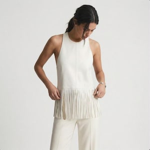 Women’s Ivory Leather Fringe Top – Luxury Sleeveless Leather Tank, Boho Western Fringe Blouse, Minimalist Statement Top for Her