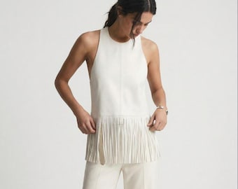 Ivoor leren damestop met franje – luxe mouwloze leren tanktop, boho-blouse met westernfringe, minimalistische statementtop voor haar
