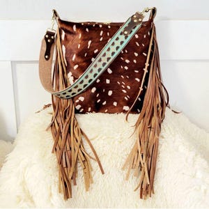 Handmade Hair on Hide Leather Fringe Crossbody Bag, Western Boho Cowgirl Purse