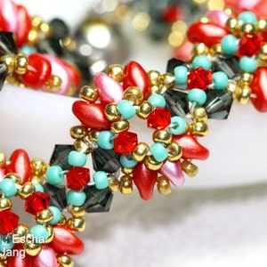 May include: Close-up of a beaded bracelet with a floral design. The bracelet features red, pink, and turquoise beads, accented with gold and dark gray crystal beads. The text "Tutorial: Escha By BeeJang" is visible.