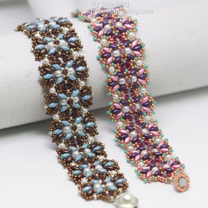 May include: Two beaded bracelets with intricate patterns. One bracelet is brown, blue, and white, and the other is pink, purple, and green. The bracelets are made with small seed beads and feature a variety of colours and textures.