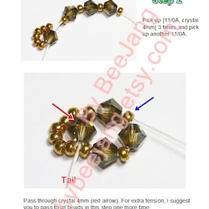 May include: Step-by-step instructions for beadwork, featuring gold and faceted brown beads. The text reads "Pick up [11/0A, crystal 4mm] 3 times and pick up another 11/0A."