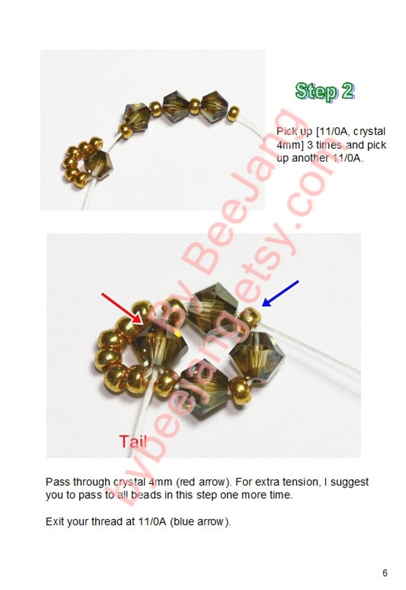 May include: Step-by-step instructions for beadwork, featuring gold and faceted brown beads. The text reads "Pick up [11/0A, crystal 4mm] 3 times and pick up another 11/0A."