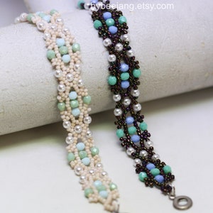 May include: Two beaded bracelets with a white and green design and a brown and blue design. The bracelets have silver clasps. By BeeJang bybeejang.etsy.com
