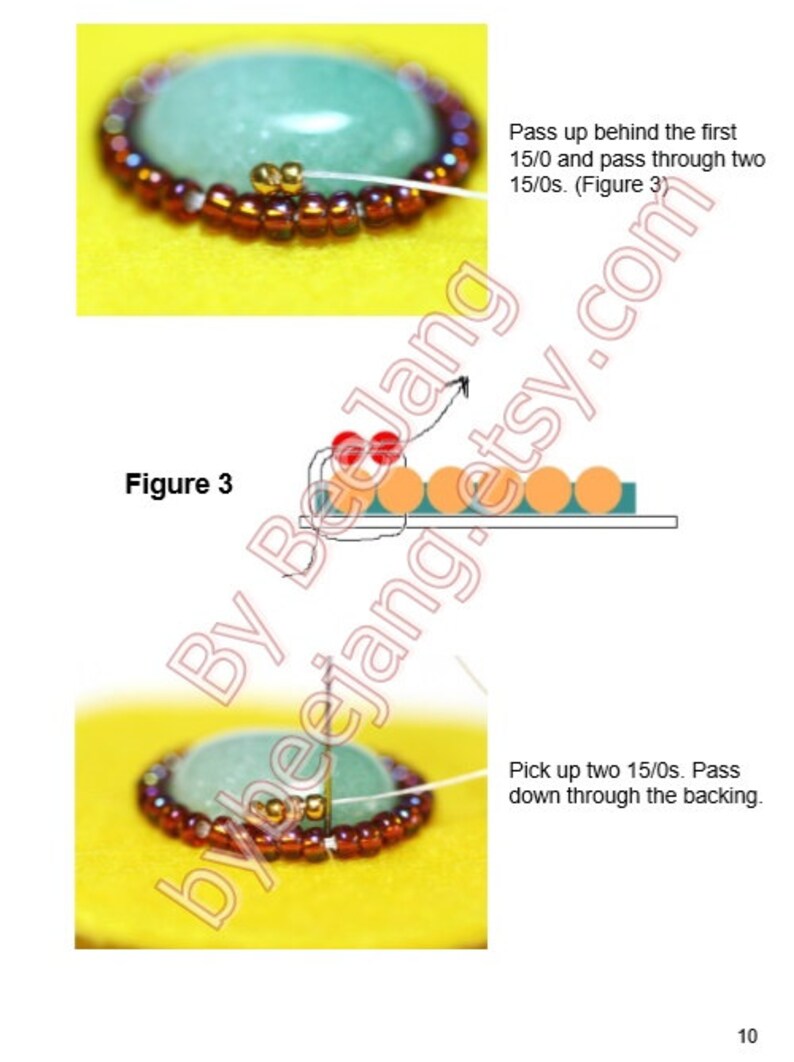 May include: A close-up of a beaded jewelry project with a green cabochon stone. The image shows the steps for adding beads to the back of the stone. The text in the image reads "Figure 3" and "Pass up behind the first 15/0 and pass through two 15/0s. (Figure 3)"