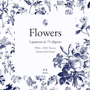 May include: A digital art print featuring a collection of blue and white floral illustrations. The word "Flowers" is displayed in a bold font, with details about patterns and cliparts. The image includes a variety of flower types and foliage.