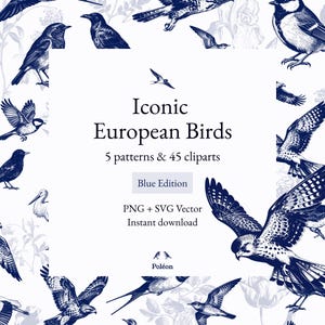 20 oiseaux iconiques européens - 45 Cliparts & 5 motifs sans couture style toile de Jouy / Chinoiserie - SVG, PNG 300dpi - Édition Bleue