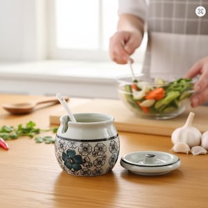 May include: A ceramic spice jar with a lid and spoon. The jar is light blue with a black and white striped band and a floral pattern in black and blue. The lid is white with a black rim. A person is seen in the background.