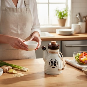 May include: A white ceramic vinegar dispenser with a brown top and spout, featuring a black Chinese character. The dispenser is tied with a natural rope and has a cork stopper. Ingredients like ginger, green onions, and sesame seeds are on the wooden surface.