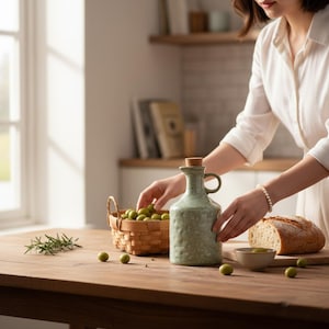May include: A rustic kitchen scene with a wooden table featuring a green ceramic olive oil bottle with a cork stopper. A basket of green olives, a loaf of bread, and a small bowl are also present, suggesting a culinary theme.