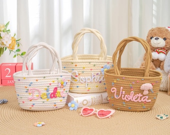 Personalized Cotton Rope Tote Bag – Custom Name Mini Bag, Embroidered Basket for Kids, Flower Girl Gift, Cute Handbag, Easter Gift for Girls