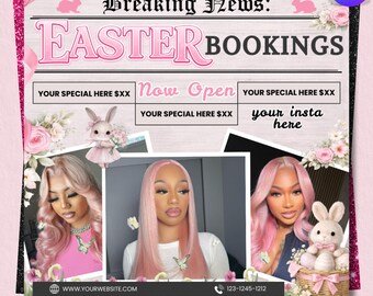 Easter Booking Newspaper Flyer, Makeup, Hair, Lashes, Nails, Easter salon booking  DIY, Text, Canva editable