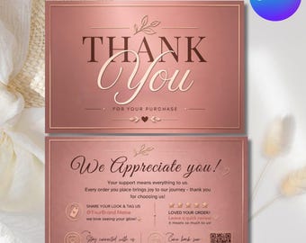 Thank you card, Rose gold card, small business thank you card, Lash Tech, card Stylist ,DIY Text , Canva Editable