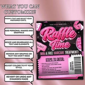 Editable Raffle Time flyer promoting a free hair care treatment giveaway. Features steps to enter, including following on Instagram, tagging friends, sharing a post, and sending a PayPal payment. Customizable Canva template for easy updates, instant digital download