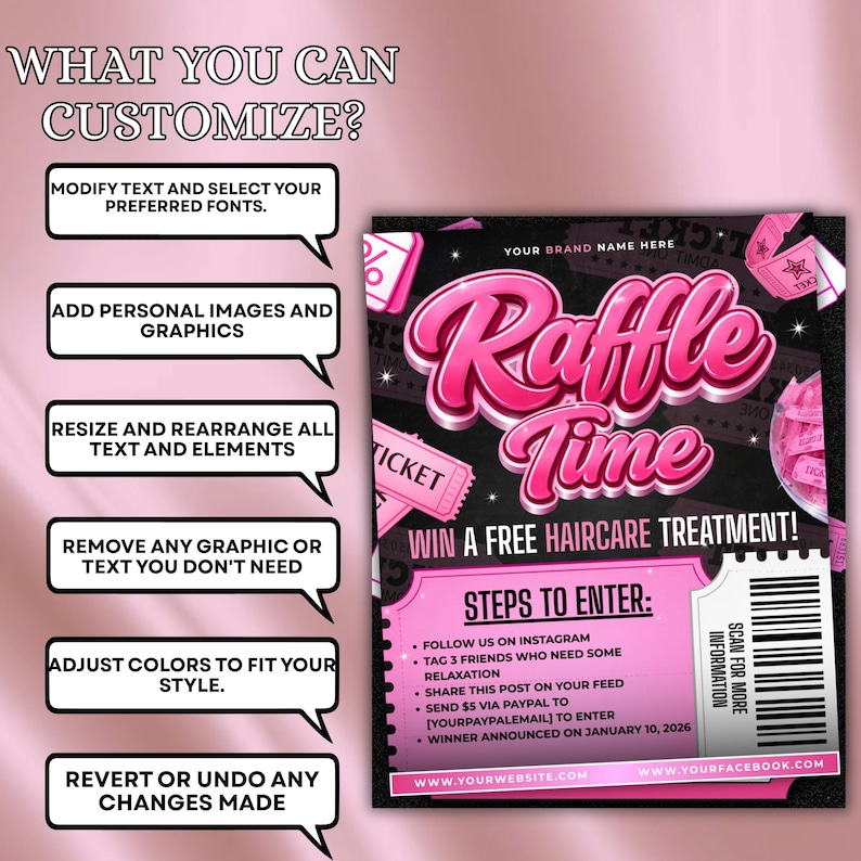 Editable Raffle Time flyer promoting a free hair care treatment giveaway. Features steps to enter, including following on Instagram, tagging friends, sharing a post, and sending a PayPal payment. Customizable Canva template for easy updates, instant digital download