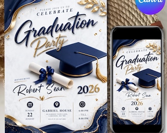 Graduation Party Invitation, Blue Graduation Invitation Announcement, Graduation Party Invite, DIY text, Canva Editable