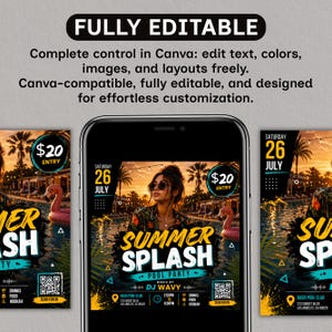 Summer Splash Pool Party Flyer, DJ Beach Event flyer, Pool Party Invite Flyer Summer Break, DIY, Text, Canva Editable