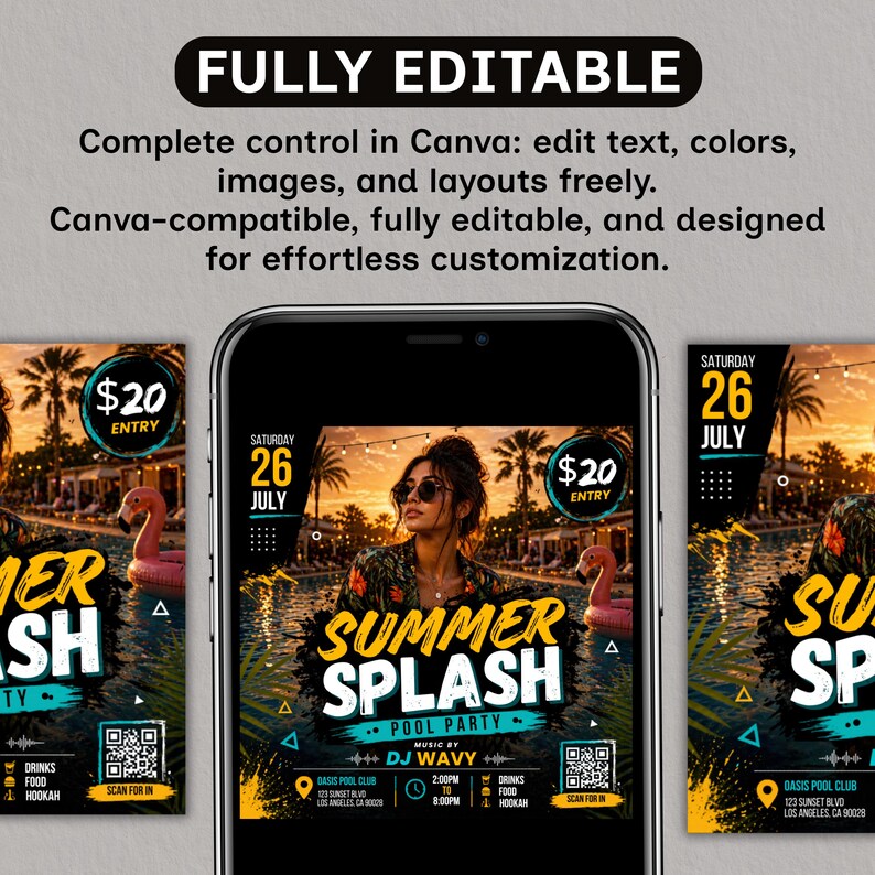 Summer Splash Pool Party Flyer, DJ Beach Event flyer, Pool Party Invite Flyer Summer Break, DIY, Text, Canva Editable