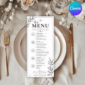May include: A white menu card with black text and floral illustrations. The menu includes sections for appetizers, salads, entrees, desserts, and beverages. The text "the MENU" is at the top, with the text "catherine's 8th birthday!" at the bottom, and the date 05.13.2025.