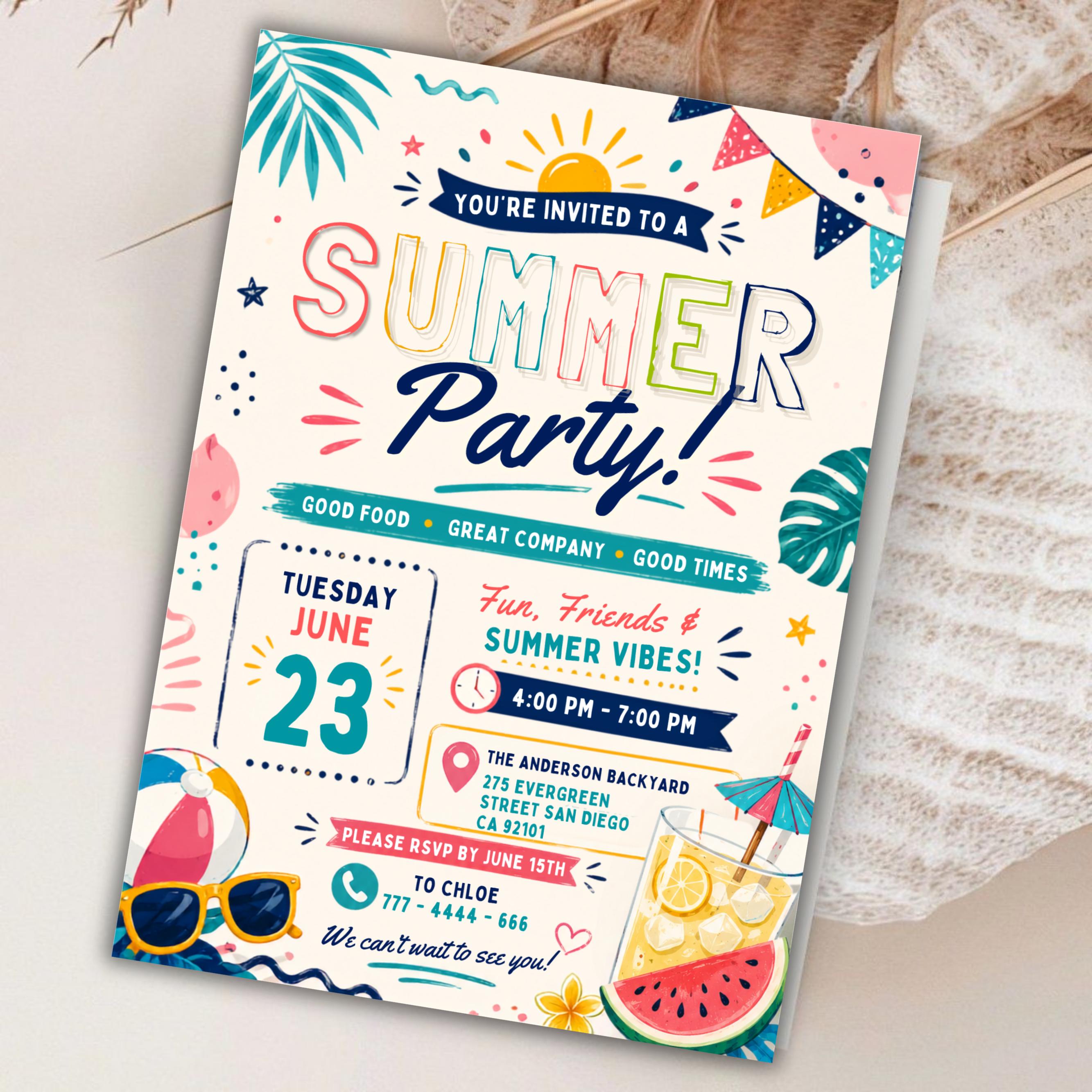 Summer Party Invite Template, Printable Block Party Flyer, Schools Out ...