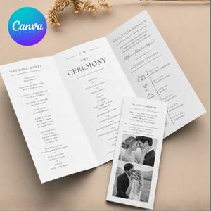 May include: A tri-fold wedding program and a separate memorial card featuring black text on white paper. The program lists the wedding party, ceremony order, and reception timeline. The memorial card includes two black and white photographs.