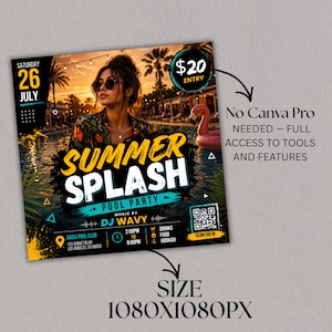 Summer Splash Pool Party Flyer, DJ Beach Event flyer, Pool Party Invite Flyer Summer Break, DIY, Text, Canva Editable