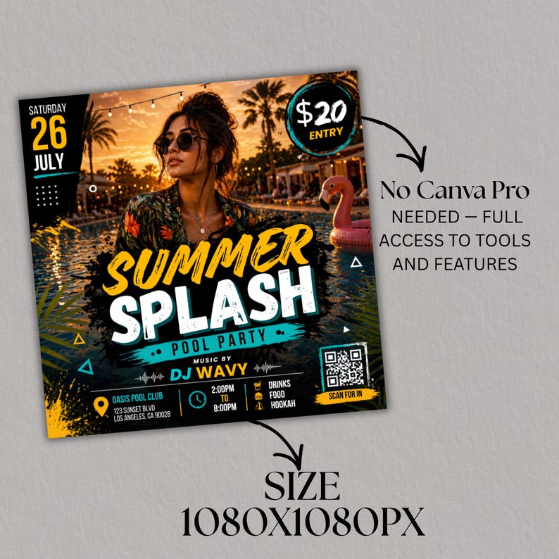 Summer Splash Pool Party Flyer, DJ Beach Event flyer, Pool Party Invite Flyer Summer Break, DIY, Text, Canva Editable