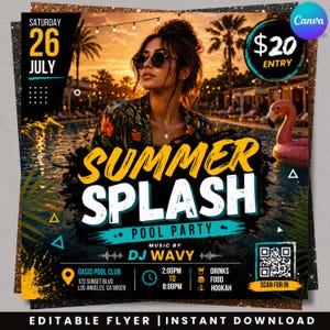 Summer Splash Pool Party Flyer, DJ Beach Event flyer, Pool Party Invite Flyer Summer Break, DIY, Text, Canva Editable