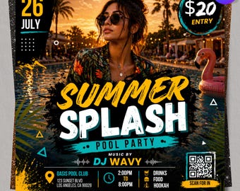 Summer Splash Pool Party Flyer, DJ Beach Event flyer, Pool Party Invite Flyer Summer Break, DIY, Text, Canva Editable