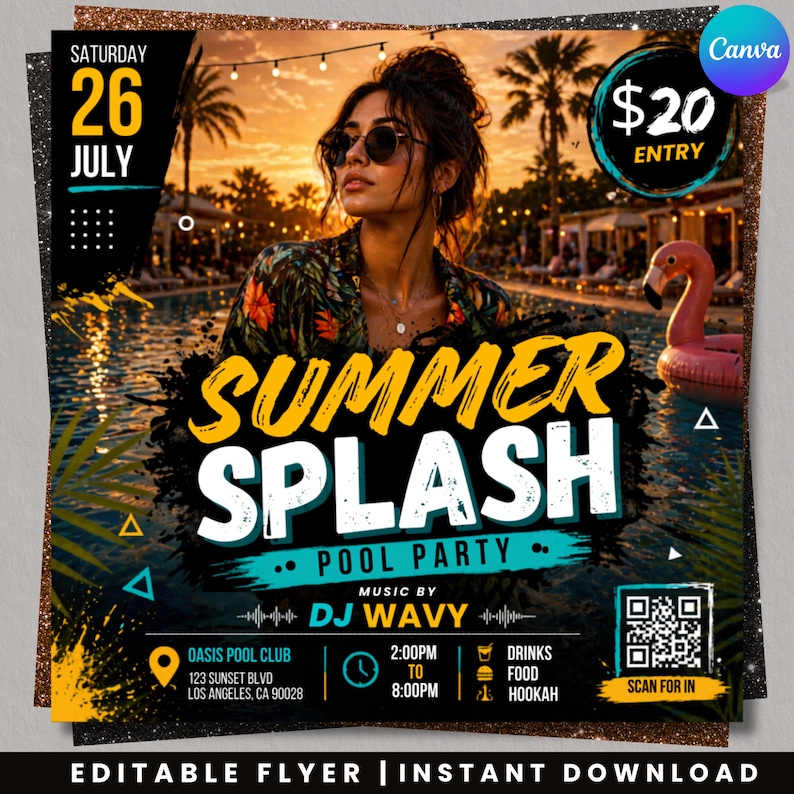 Summer Splash Pool Party Flyer, DJ Beach Event flyer, Pool Party Invite Flyer Summer Break, DIY, Text, Canva Editable