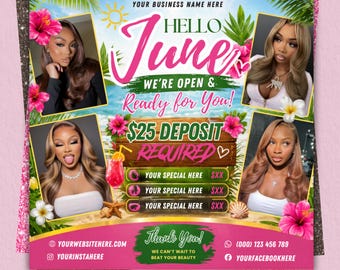 June Booking Flyer, Summer Booking Flyer, Beauty Flyer, Hair, Nails Lashes Makeup, June Books Open, DIY text,  Canva Editable