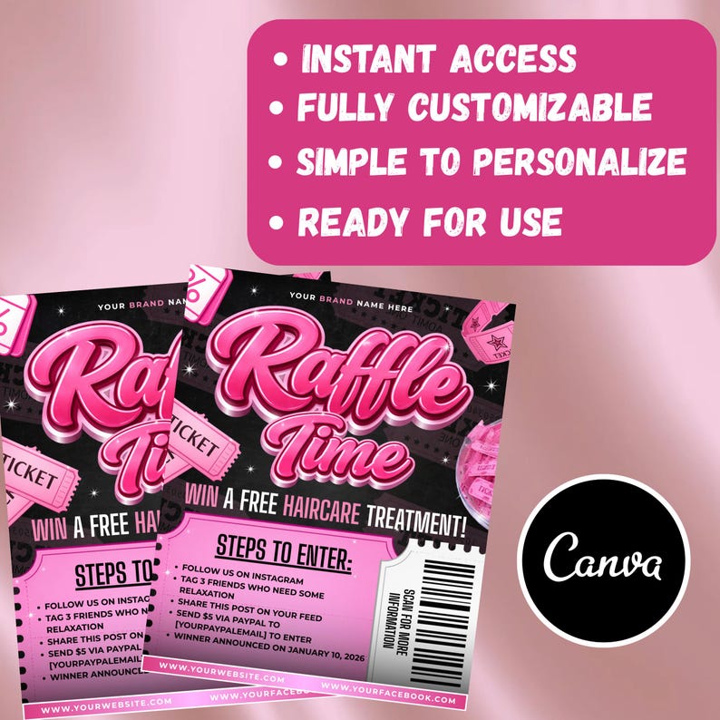 Editable Raffle Time flyer promoting a free hair care treatment giveaway. Features steps to enter, including following on Instagram, tagging friends, sharing a post, and sending a PayPal payment. Customizable Canva template for easy updates, instant digital download