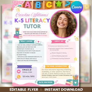 Op de afbeelding: Een flyer voor Caroline Williams K-5 Literacy Tutor met een foto van een glimlachend persoon, educatieve iconen en tekst over bijlesdiensten, kwalificaties, contactgegevens en een tarief van $50 per uur op een lichtroze en witte achtergrond.