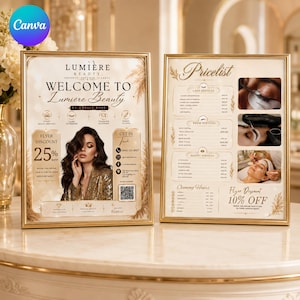 May include: Two gold-framed signs for Lumière Beauty. The left sign features a woman in a gold jacket, text including 'Welcome to Lumière Beauty', 'Flyer Discount 25% Off', and a QR code. The right sign displays a 'Pricelist' with service categories.
