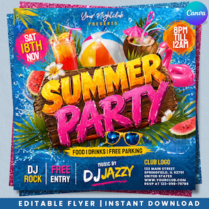 Può includere: Un volantino vivace per una festa estiva, con la scritta "SUMMER PARTY" in lettere vivaci. Il design include bevande tropicali, un pallone da spiaggia, occhiali da sole e un fenicottero. Dettagli di data, ora e DJ.