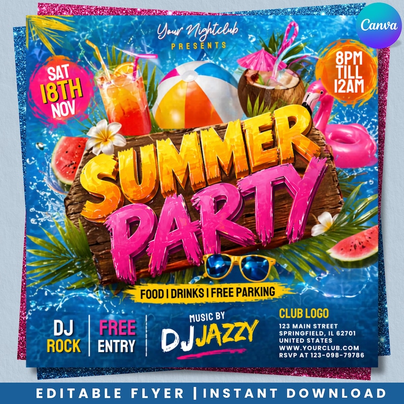 Summer Party Flyer, Beach Party flyer,  Design, Pool Party Invite, Summer Break Party Flyer, Summer Event Flyer, DIY, Text Canva Editable