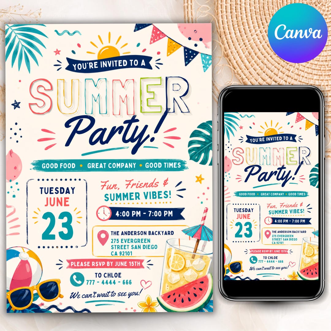 Summer Party Invite Template, Printable Block Party Flyer, Schools Out ...