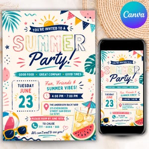 Può includere: Un volantino di invito per una festa estiva con illustrazioni colorate di un sole, festoni, un pallone da spiaggia, occhiali da sole, una bevanda con ombrellino e una fetta di anguria. Il testo recita: You're invited to a Summer Party, 23 giugno.